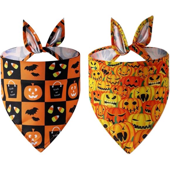 Bandanas pour Chien d'Halloween, Lot de 2, Bandanas pour Chien Orange, Foulard pour Animal de Compagnie Citrouille, Bandana de Fête pour Animaux de Compagnie pour Petits, Moyens et Grands Chiens, Chats, Animaux de Compagnie, Bavoirs, Foulard