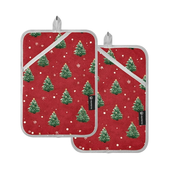 Red Background with Small Christmas Tree Potholders Heat Resistant Pot Holder Set of 2 Oven Hot Pads with Pocket