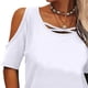 thumbnail image 3 of Camiseta de manga corta de Color puro para mujer, blusa de manga corta holgada y transpirable con hombros descubiertos, Color liso, blanco XXL, 3 of 6
