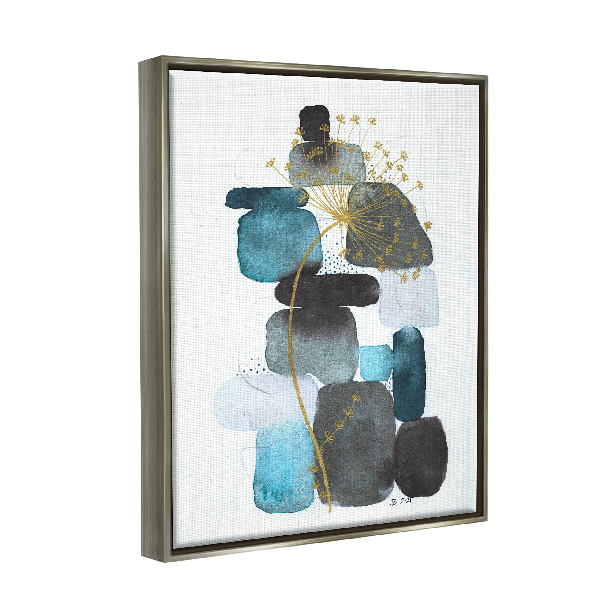 Stupell Industries Dandelion on Blue Rocks Abstract Painting Gray Floater Framed Art Print Wall Art, 17 x 21