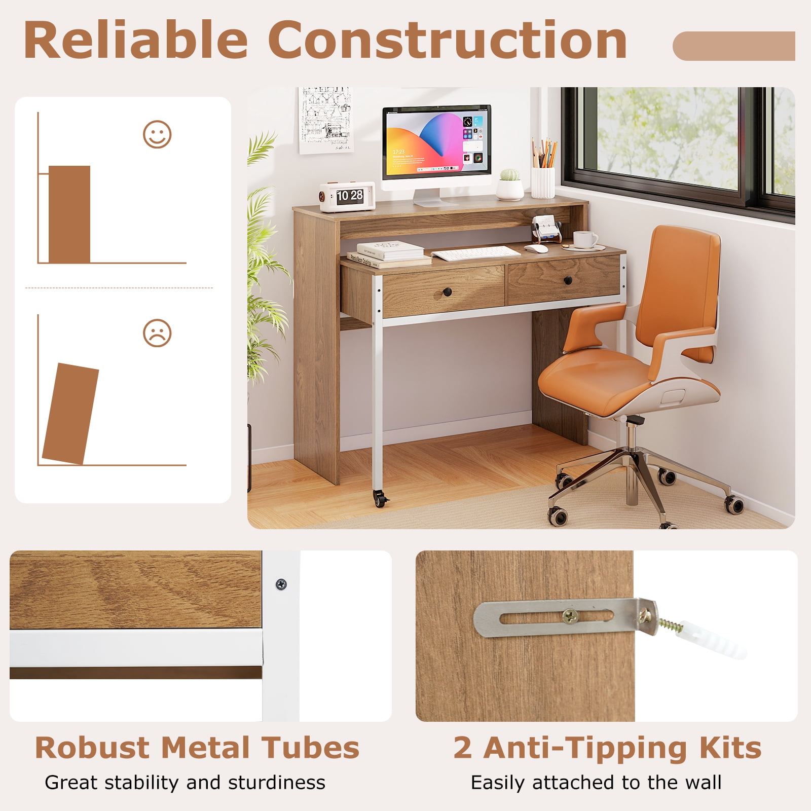 Gymax Extendable Computer Desk w/ 2 Storage Drawers & Monitor Shelf