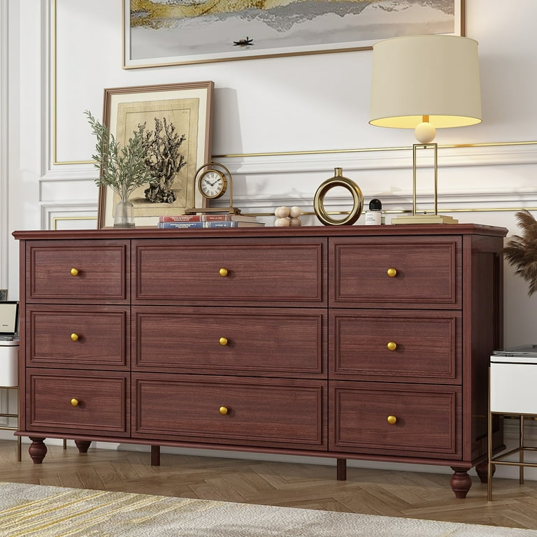 FUFU&GAGA 63"W Wood Dresser Bedroom Storage Drawer Organizer Closet 9  Drawer Dark Red - Walmart.com