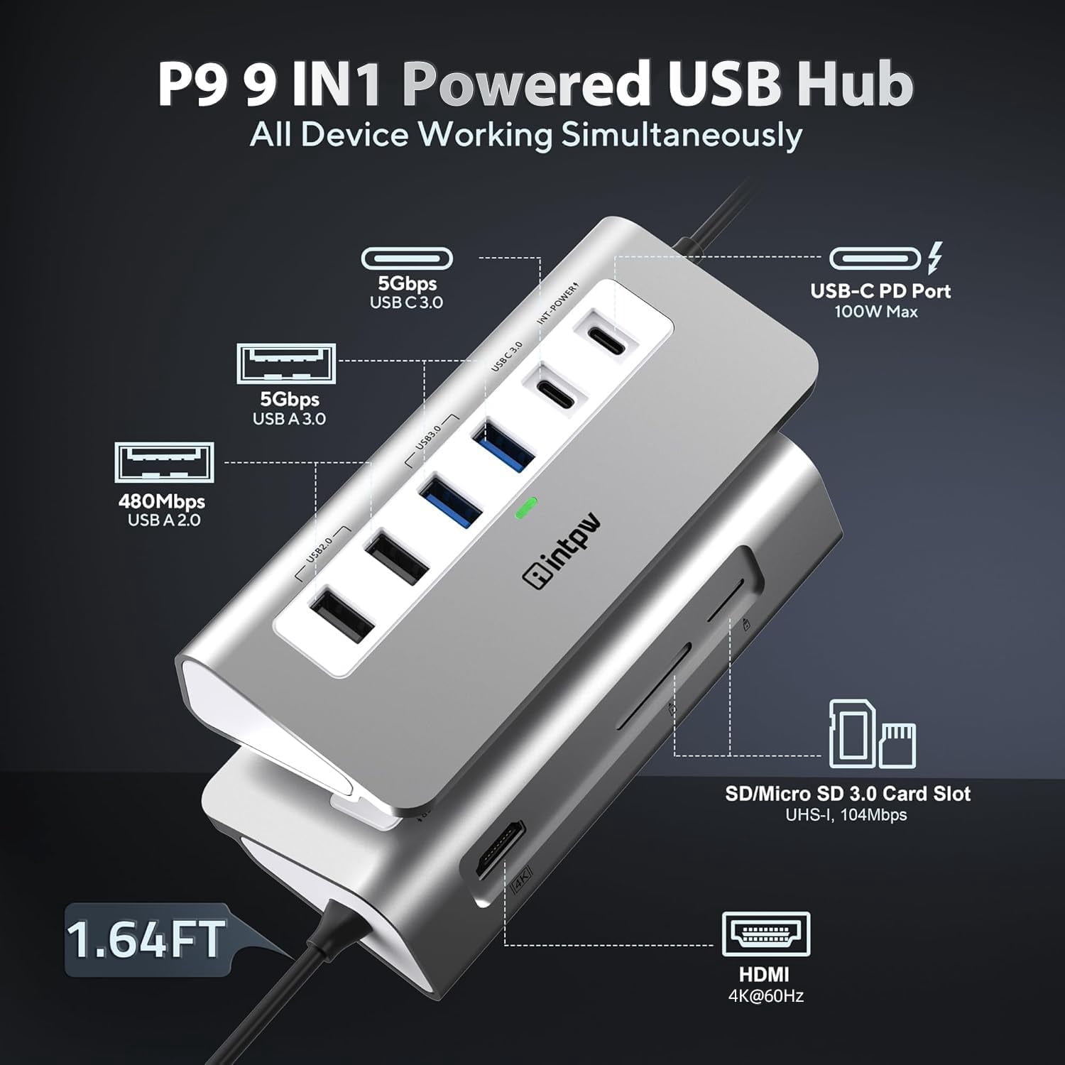USB C Hub, P9 USB C Hub Multiport Adapter with 4K HDMI, PD 100W, Type-C & 2 USB A 3.0 5Gbps, 2 USB A 2.0, SD/TF , Aluminum USB Hub for Laptop, iPhone 17 Series, MacBook, iPad