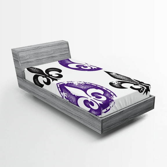 Ambesonne Fleur De Lis Fitted Sheet, Vintage Floral Art, Twin XL Size, Black Purple