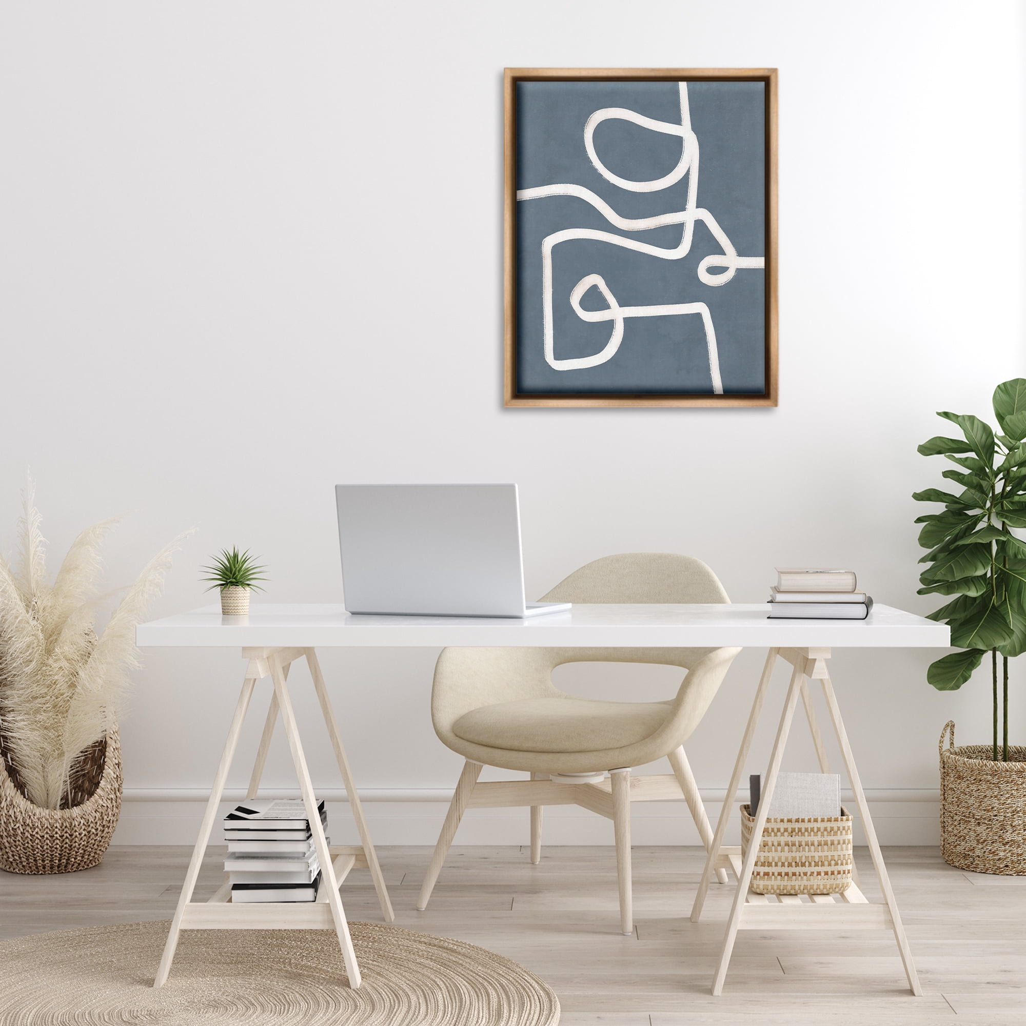 Stupell Industries Free Line on Blue Abstract Painting Brown Floater Framed Canvas Art Print Wall Art, 25 x 31