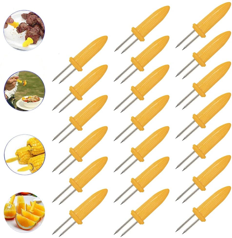 20 PCS/Set Corn on The Cob Holders, Stainless Steel Heat Resistant Non Slip Barbecue Corn Prongs Skewers for BBQ, Cooking, Birthday Party (Yellow)