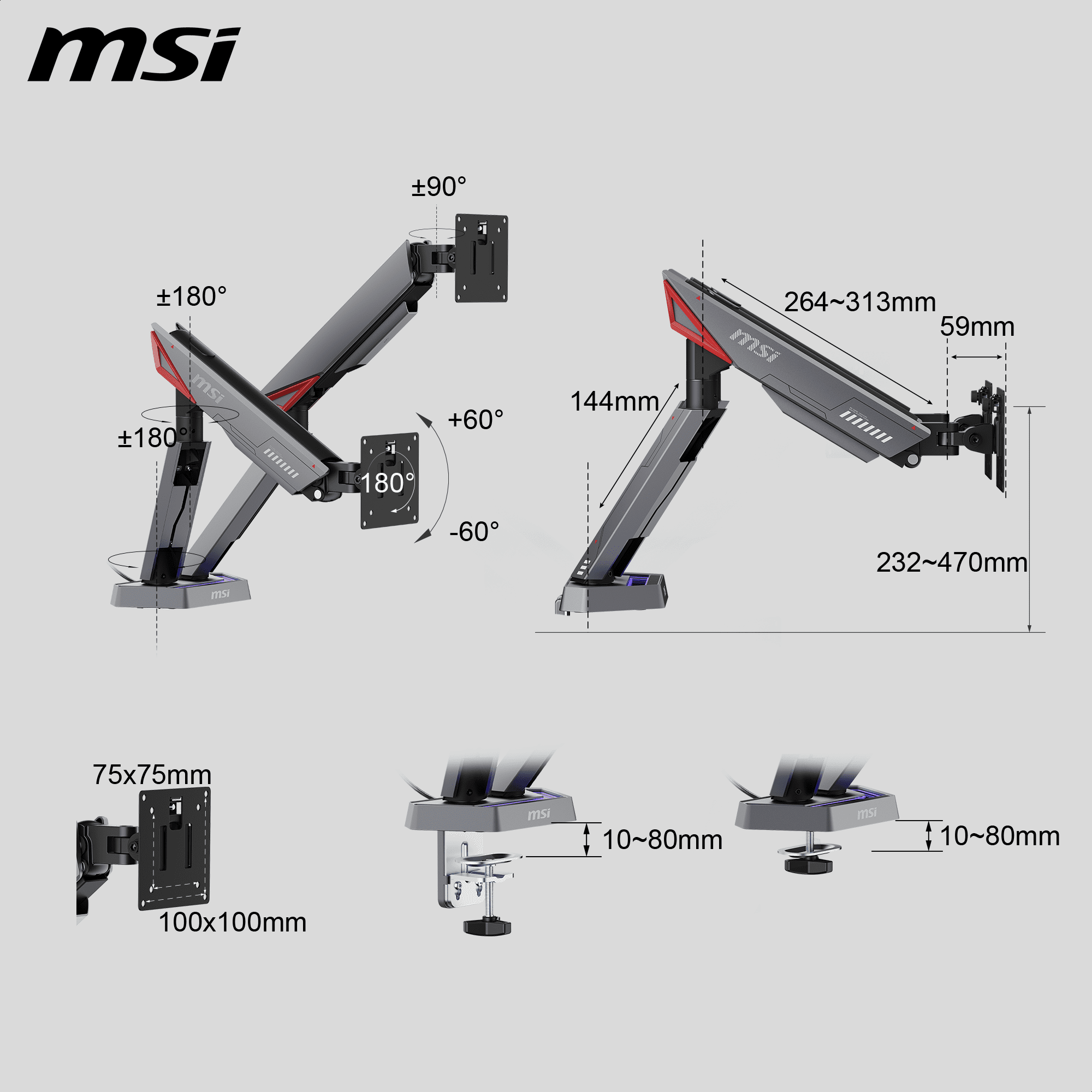 MSI MPG MT161DR WMT Dual Spring Gaming Monitor Desk Arm, Fully Adjustable Full Motion VESA Mount for up to 17 - 38 inch screen, RGB LED, Tool-free Installation, Clamp & Grommet, Cable Management