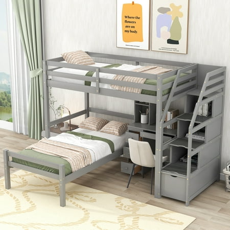 Livspace Twin Size Loft Bed with a Stand-alone Bed  Storage Staircase  Desk  Shelves and Drawers  Gray