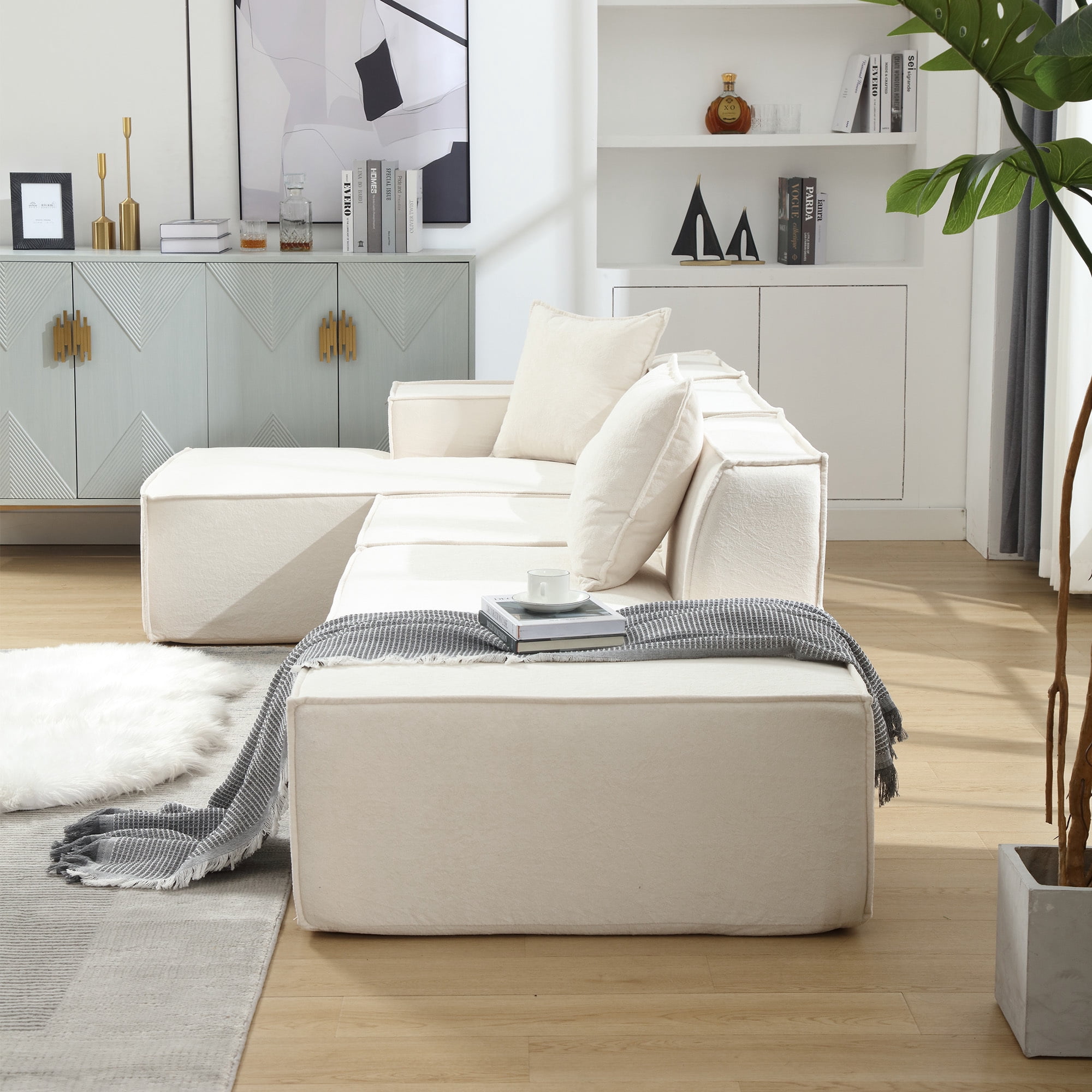 Leumius 130" Sectional Sofa for Living Room,Large L-Shaped Boneless Cloud Couch with Deep Seat and Thickened Cushion,No Assembly Required,Beige