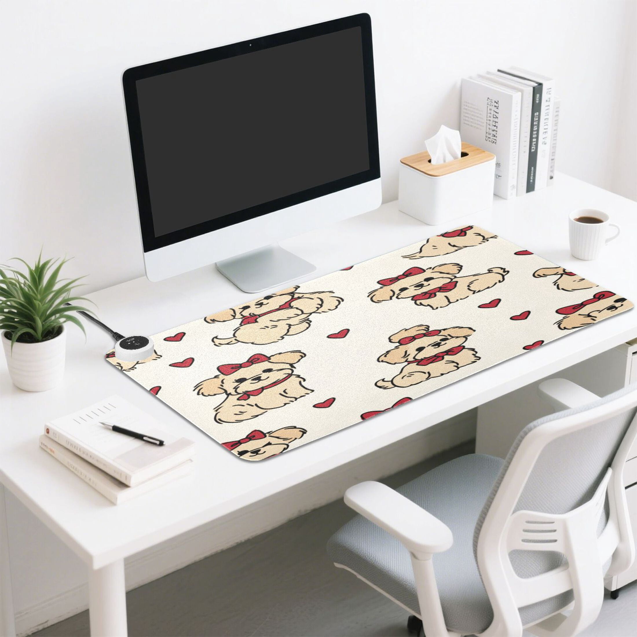 Large Heated Desk Mat Mouse Pad 31.5"x13"PU Leather Graphene Heating Desk Warmer with 3 Temperature Settings 110V US Plug Non-Slip Warm Pad for Home, Office, and Gaming Whimsical Puppy Bow Pattern