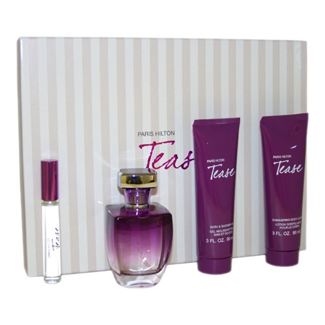Paris Hilton Tease de Paris Hilton para mujeres - Set de regalo de 4 piezas EDP en spray de 3,4 oz, loción corporal brillante de 3 oz, gel de baño y ducha de 3 oz, EDP roll-on de 10 ml
