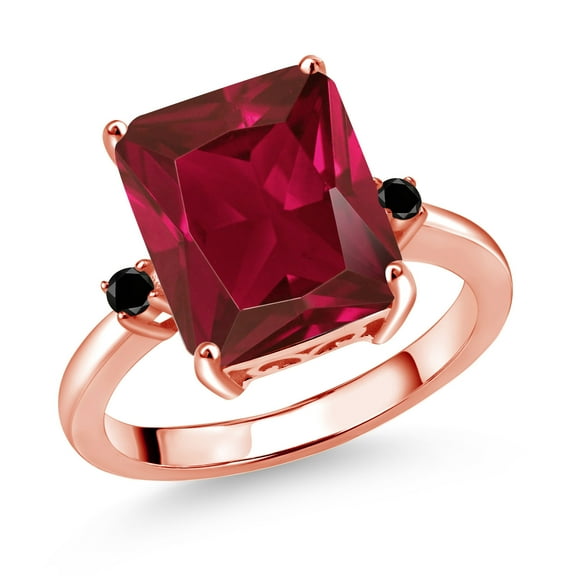 Gem Stone King 18K Rose Gold Plated Silver 12X10MM Red Created Ruby and 2MM Black Diamond 3 Stone Engagement Ring for Women | 5.77 Cttw | Gemstone July Birthstone | Size 9