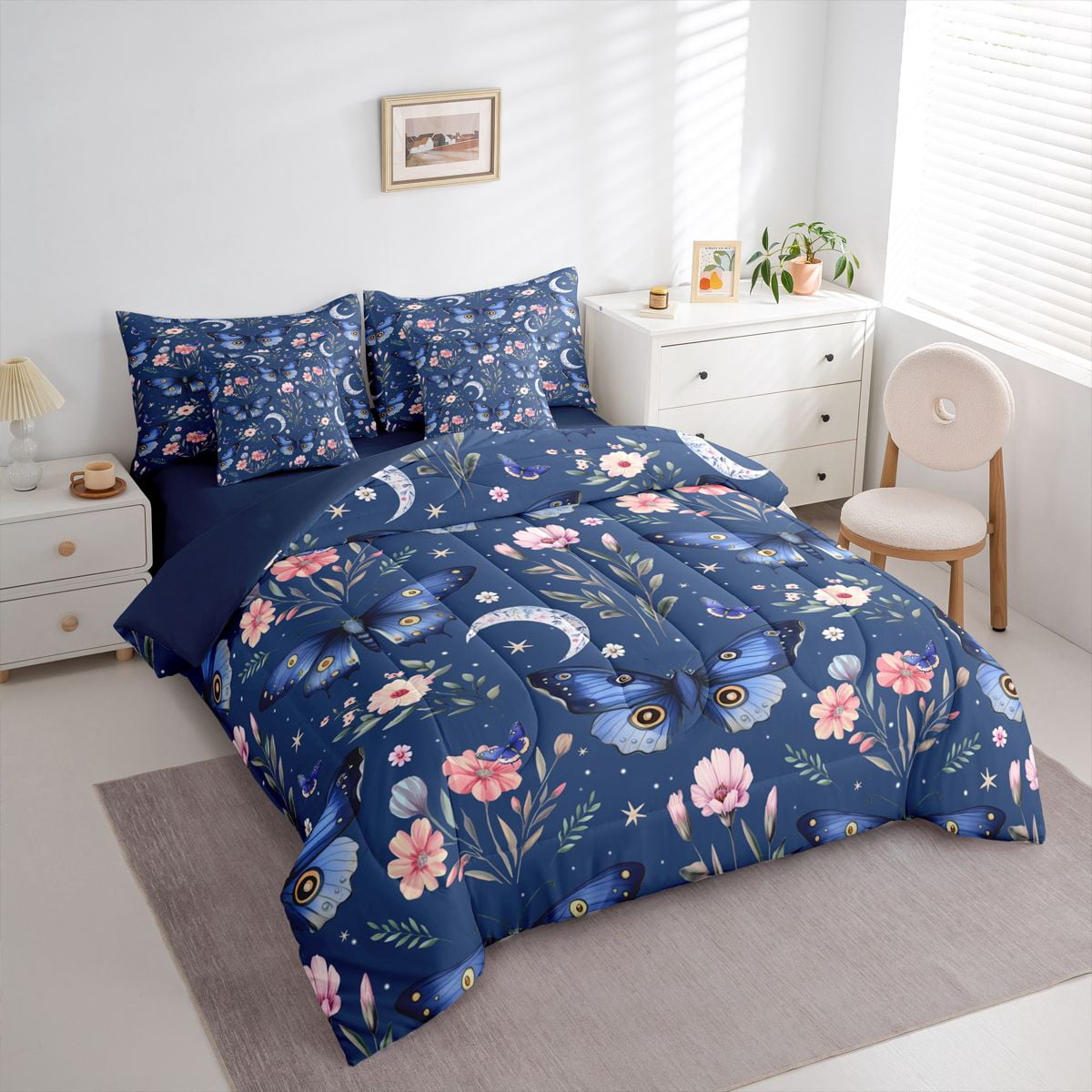 Homewish Flying Blue Butterflies 7 Pieces Bedding Comforter Set for Teens Female Men,Pink Floral Flower Full Bedding Set Lightweight,Dreamy Princess Fitted Sheet Flat Sheet,Microfiber Bedroom Decor