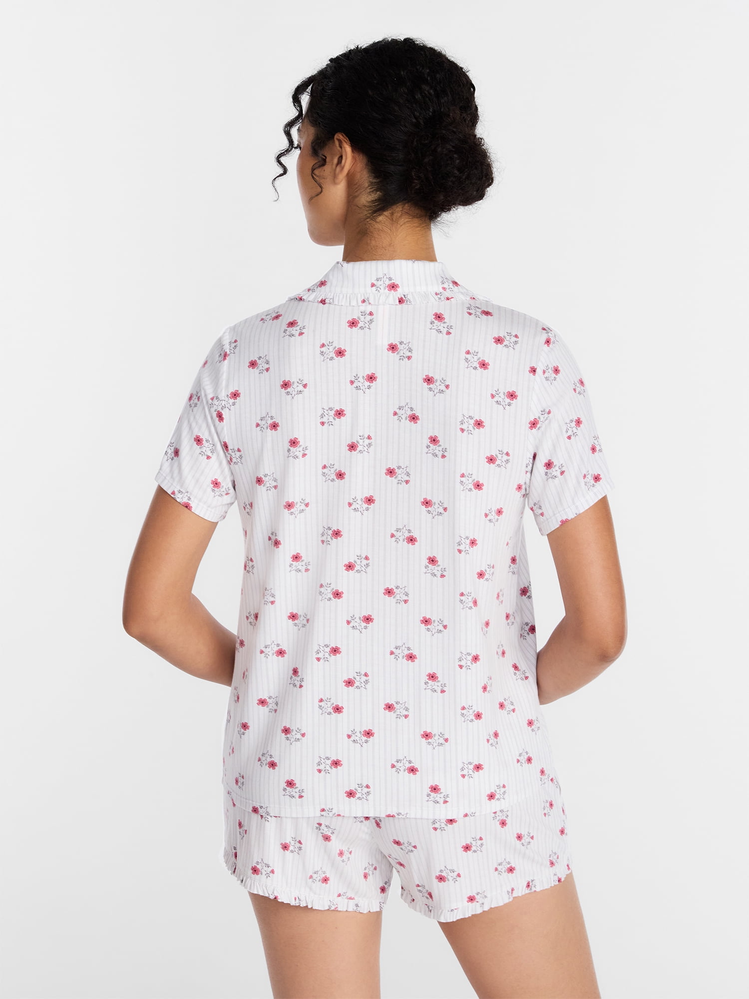 Joyspun Women’s Modal-Blend Ruffle Trim Notch Collar Top and Shorts Pajama Set, 2 Piece, Sizes XS-3X