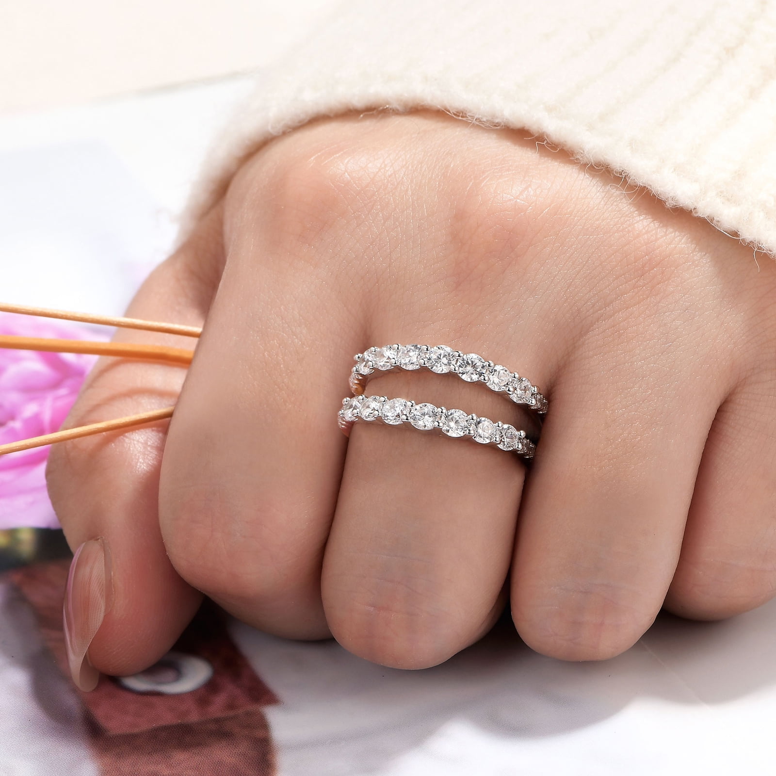 Wuziwen Ring Enhancer for Engagement Rings Two Row Sterling Silver Wedding Bands for Women Stackable Cubic Zirconia Size 5
