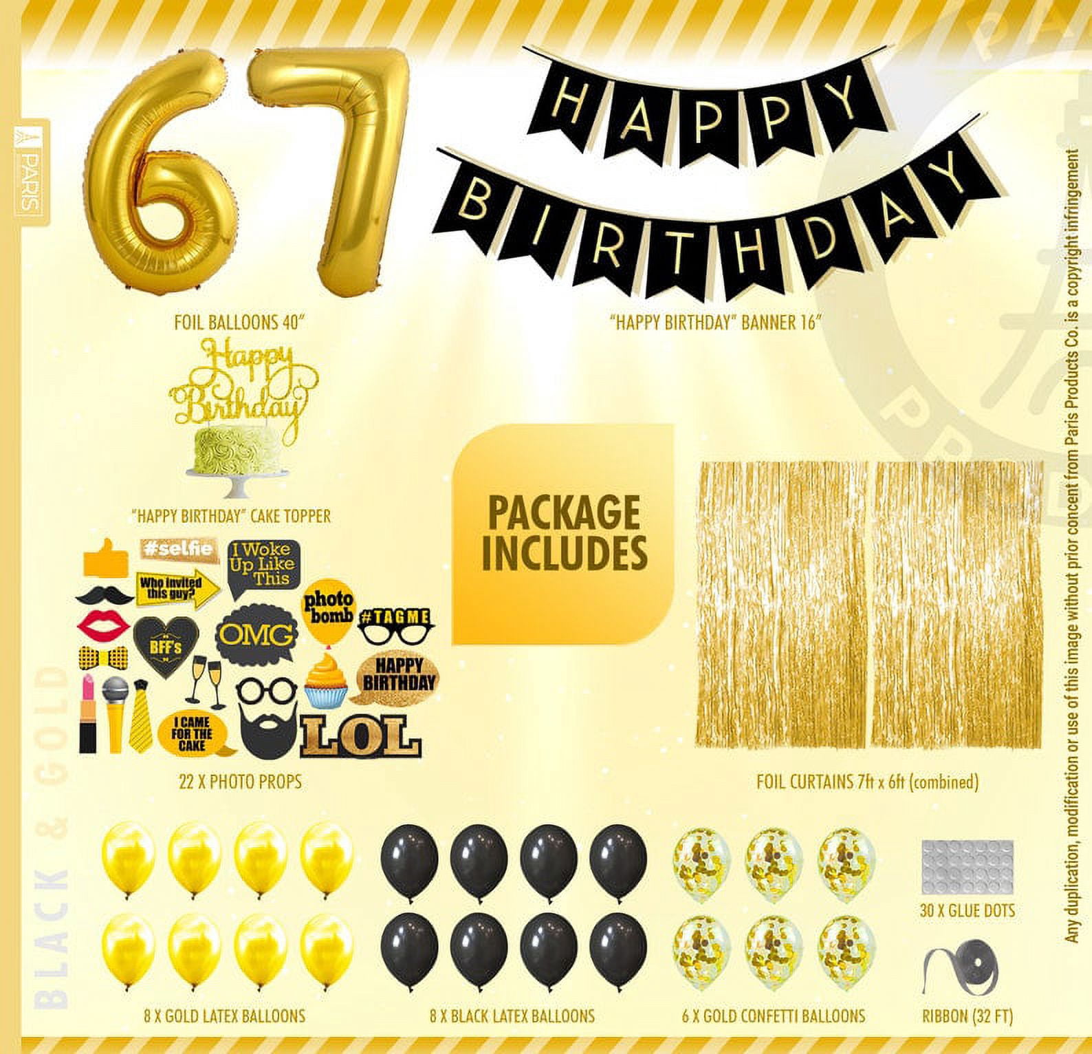 Happy 67th Birthday Cake Topper - Black & Gold Glitter Sign For 67th Anniversary Party Decorations - View #2