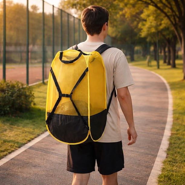 Bolsa de malla para balones de baloncesto, plegable, con correa ajustable y resistente, de poliéster. Amarillo