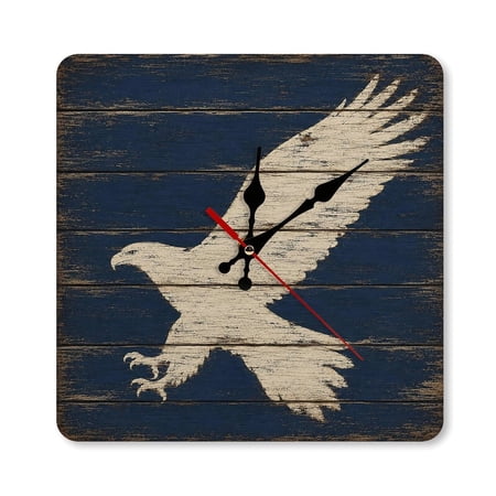 RKSupls 10 × 10 inch Weathered Wood Eagle Silhouette Navy Blue Square Unmarked Wall Clock Silent
