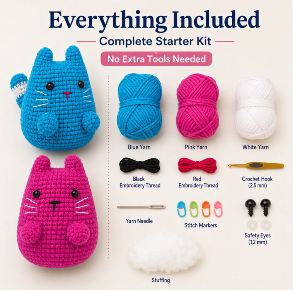 2 Pack Munchkin Cat Crochet Kit for Beginners, Cat Amigurumi Starter Set with Step by Step Video Tutorial, TIKA