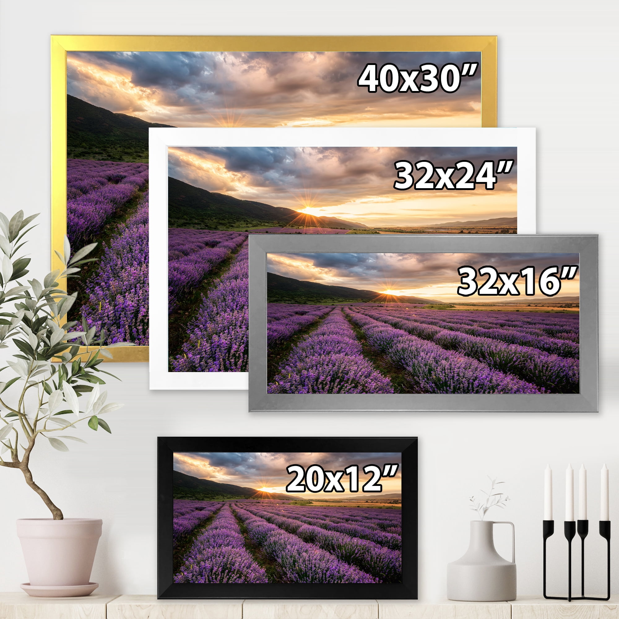 Designart 'Dramatic Clouds and Sunrise Over Lavender Field VI' Farmhouse Framed Art Print