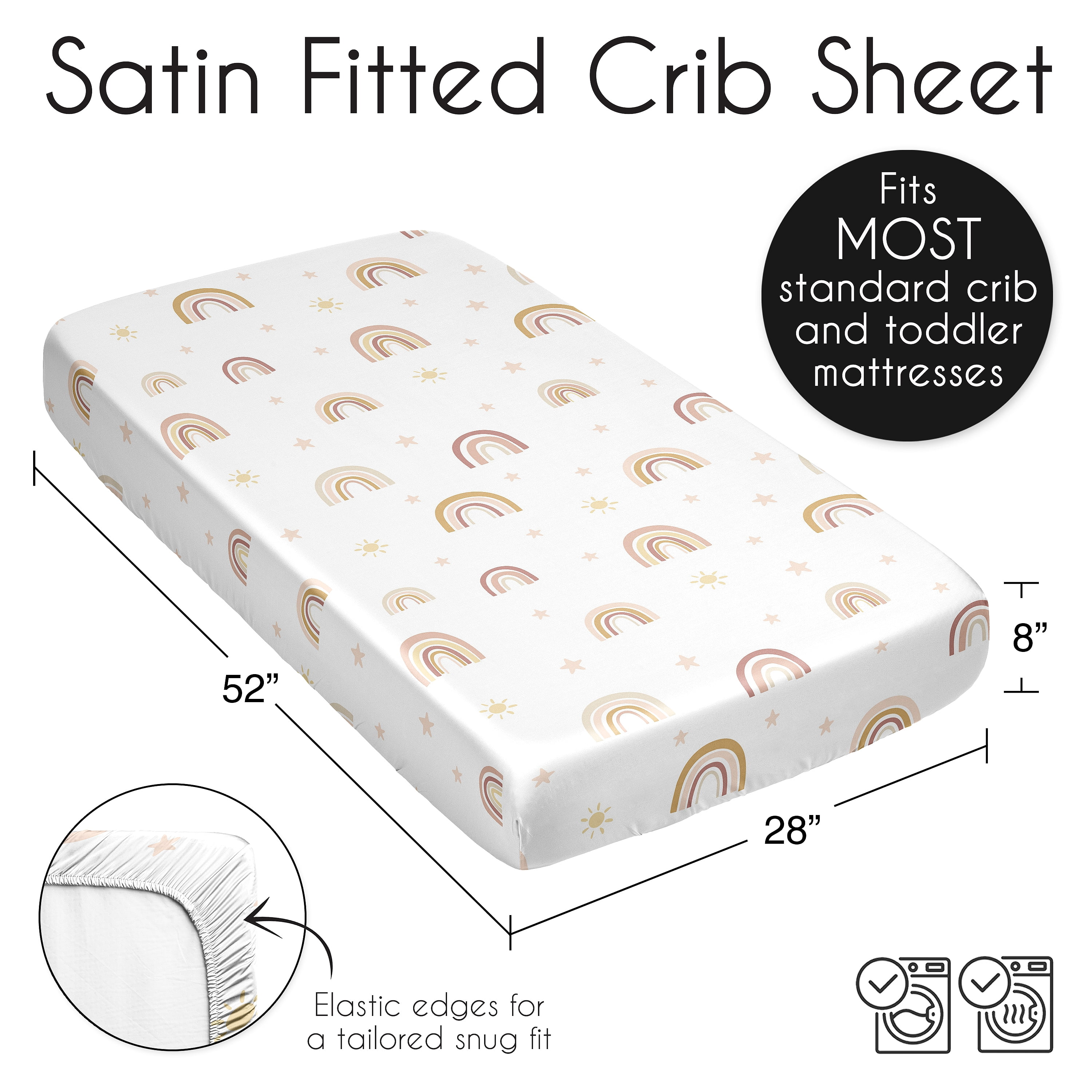 Sweet Jojo Designs Boho Rainbow Blush Pink Yellow Gold Mauve Taupe Beige Satin Fitted Crib Sheet