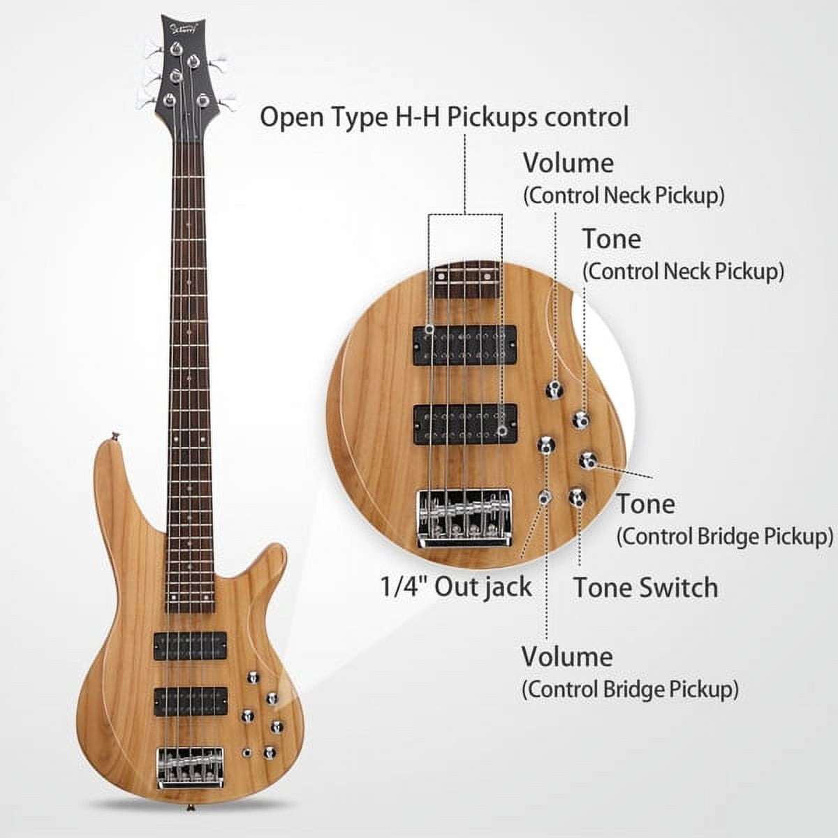 44 Inch GIB 5 String H-H Pickup Laurel Wood Fingerboard Electric Bass Guitar with Bag and other Accessories Burlywood