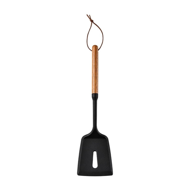 Set de utensilios de cocina de silicona de 7 piezas | Herramientas de cocina resistentes al calor con mangos de madera natural, negras | Antiadherente, sin arañazos | Incluye espátula, cuchara
