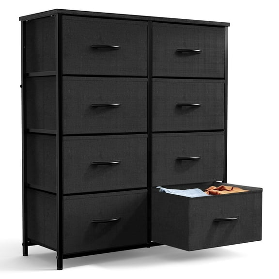 JONPONY Dresser for Bedroom with 8 Drawers, Tall Fabric Storage Tower, Chest of Drawers with Wood Top, Sturdy Steel Frame for Closet, Living Room, Entryway, Black