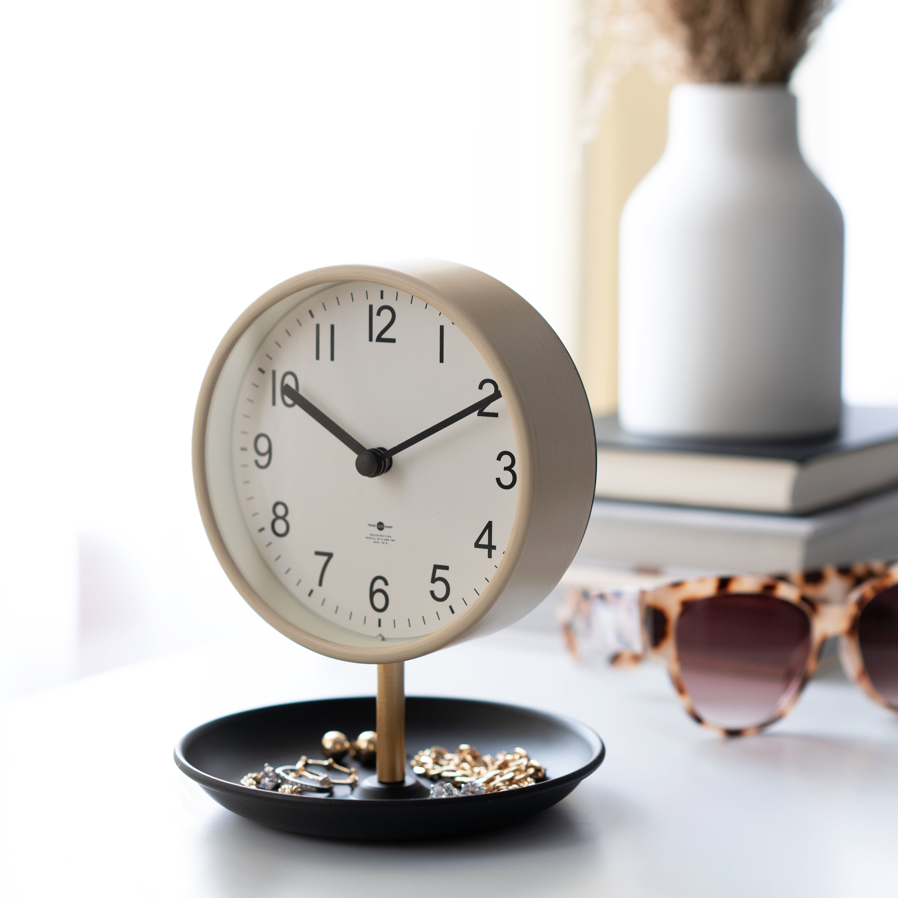 Better Homes & Garden Light Tan and Black Tabletop Round Analog Dial Clock with Trinket Tray Base