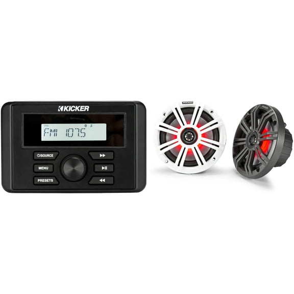 Kicker 46KMC3 Marine Gauge-Style Source & 45KM654L 6.5" Marine LED Speakers bundle