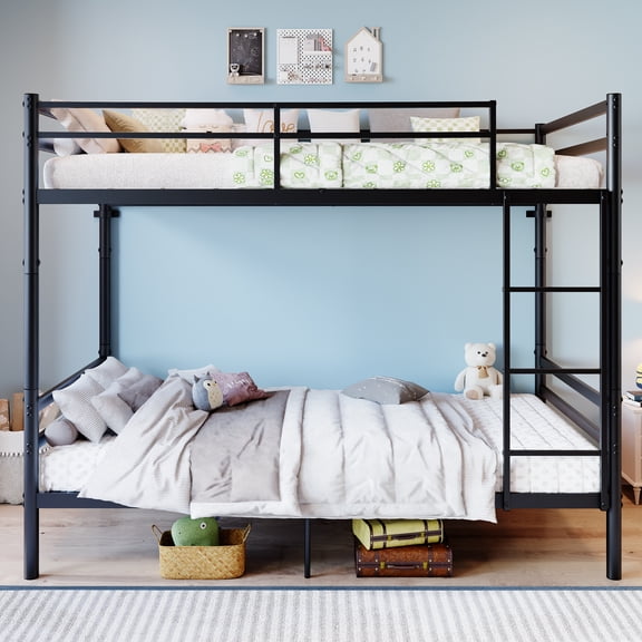 Leumius Metal Bunk Beds for Kids & Youths, Twin Over Twin Bunk Bedframe with Ladder and Guardrail, No Box Spring Needed, Noise Free,Black