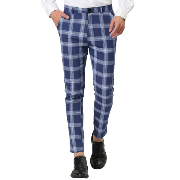 Lars Amadeus Pantalones de vestir clásicos a cuadros para hombre, ajustados, estilo chino Azul XXL Unique Bargains Pantalones