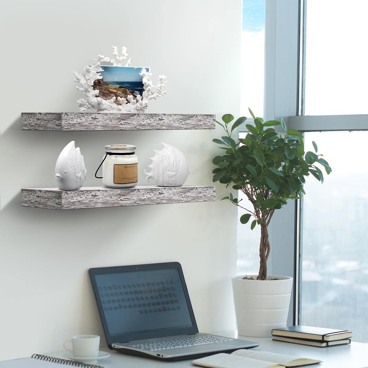 Sorbus 16.25" White Rustic Floating Shelves (Set of 2) – Wall Storage for Décor, Frames, Trophies