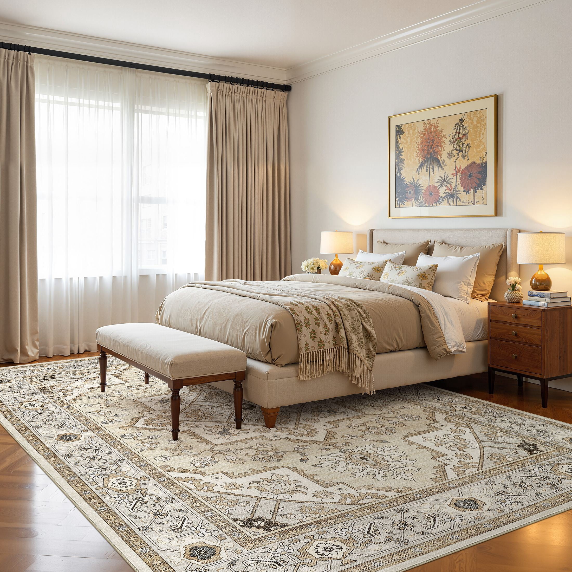 UERMEI 10'x14' Washable Large Area Rugs for Living Room, Vacuum friendly, Vintage Floral Boho Printed Carpet, Non Slip Indoor Rugs for Bedroom Home Decor Carpets, Brown/Cream