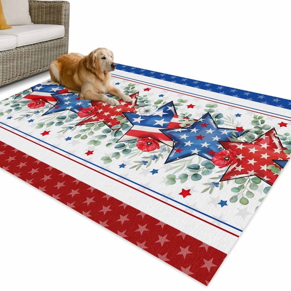 Outdoor Rug 6x9 ft Red White Blue Patriotic Stars Waterproof Outdoor Patio Rug Mat Non Slip Outside Area Rugs Carpet for RV,Camping,Porch,Deck,Pool,Balconybackyard,Eucalyptus Leaves Poppy