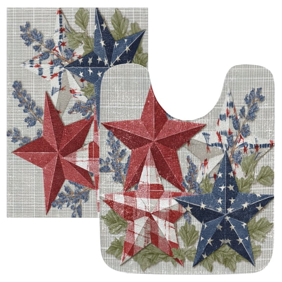 2 Piece Soft Bathroom Rug Set Red White and Blue Stars Bath Mat and U-Shaped Toilet Contour Rug (16"x24" 20"x24")