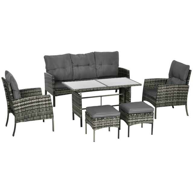 Outsunny Ensemble de Mobilier de Patio 6 Pcs avec Chaises, Ottomans, Sofa, Table, Coussins