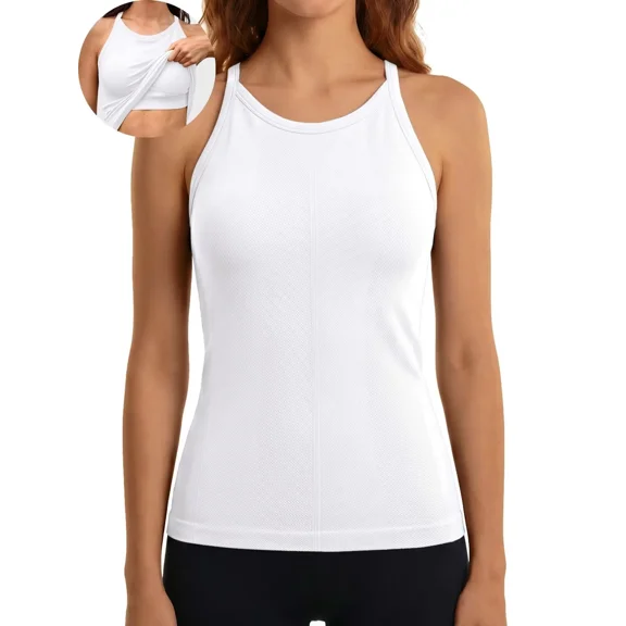 ANFERRY Women's Fitting Seamless Tank Tops Ribbed Crew Neck Racerback Workout Camisoles with Sewn in Bra
