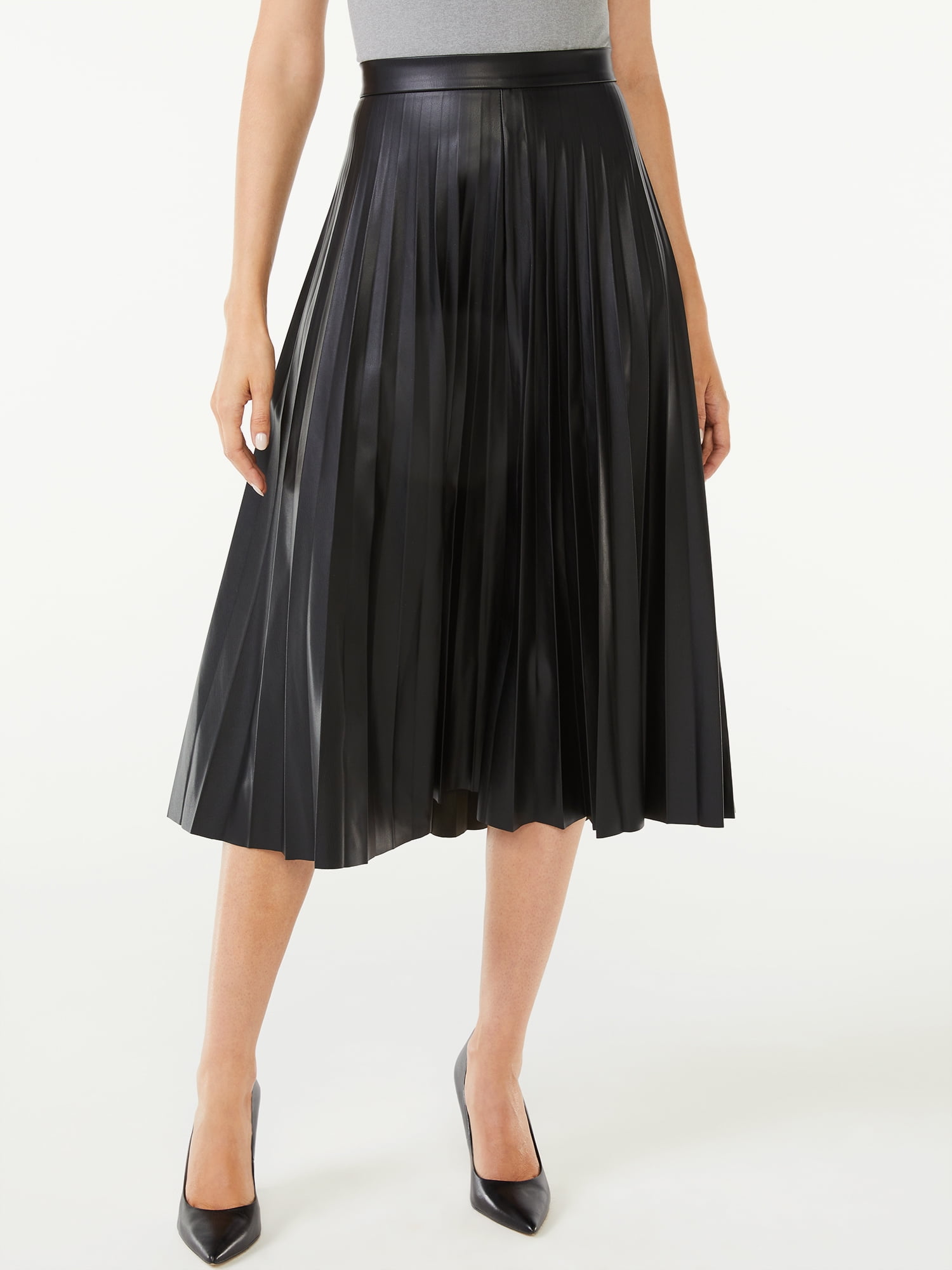 womens faux leather pleated skirt