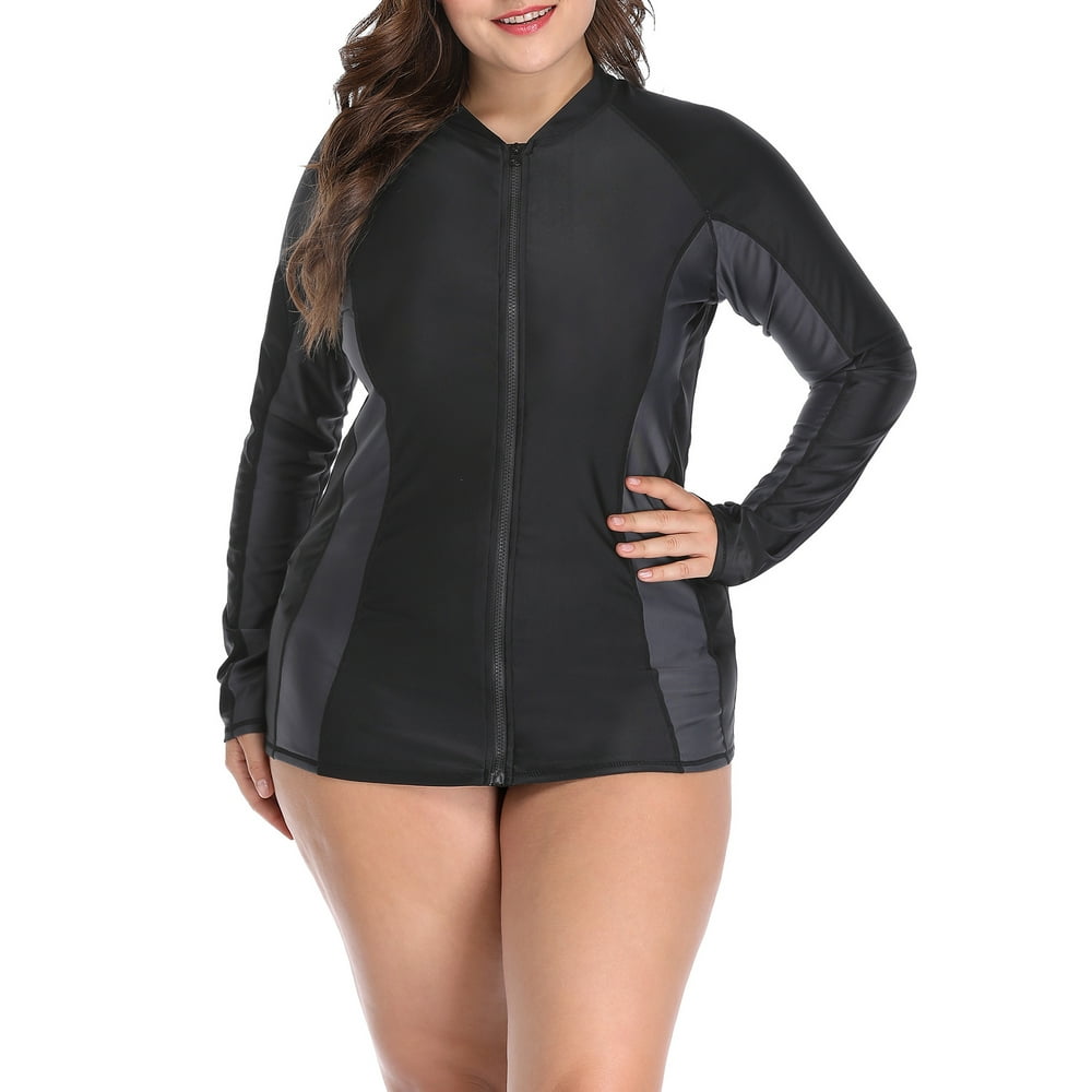 Charmo Charmo Womens Plus Size Long Sleeve Rash Guard Top Zipper