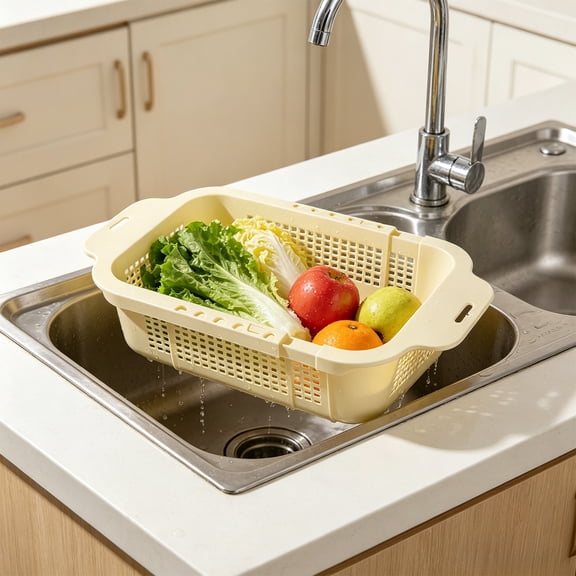 Expandable Colander Adjustable Strainer Basket, 13 Inch Kitchen Sink Colander with Sturdy Plastic Build, Space Saving Expandable Strainer for Washing Vegetables Pasta Fruit