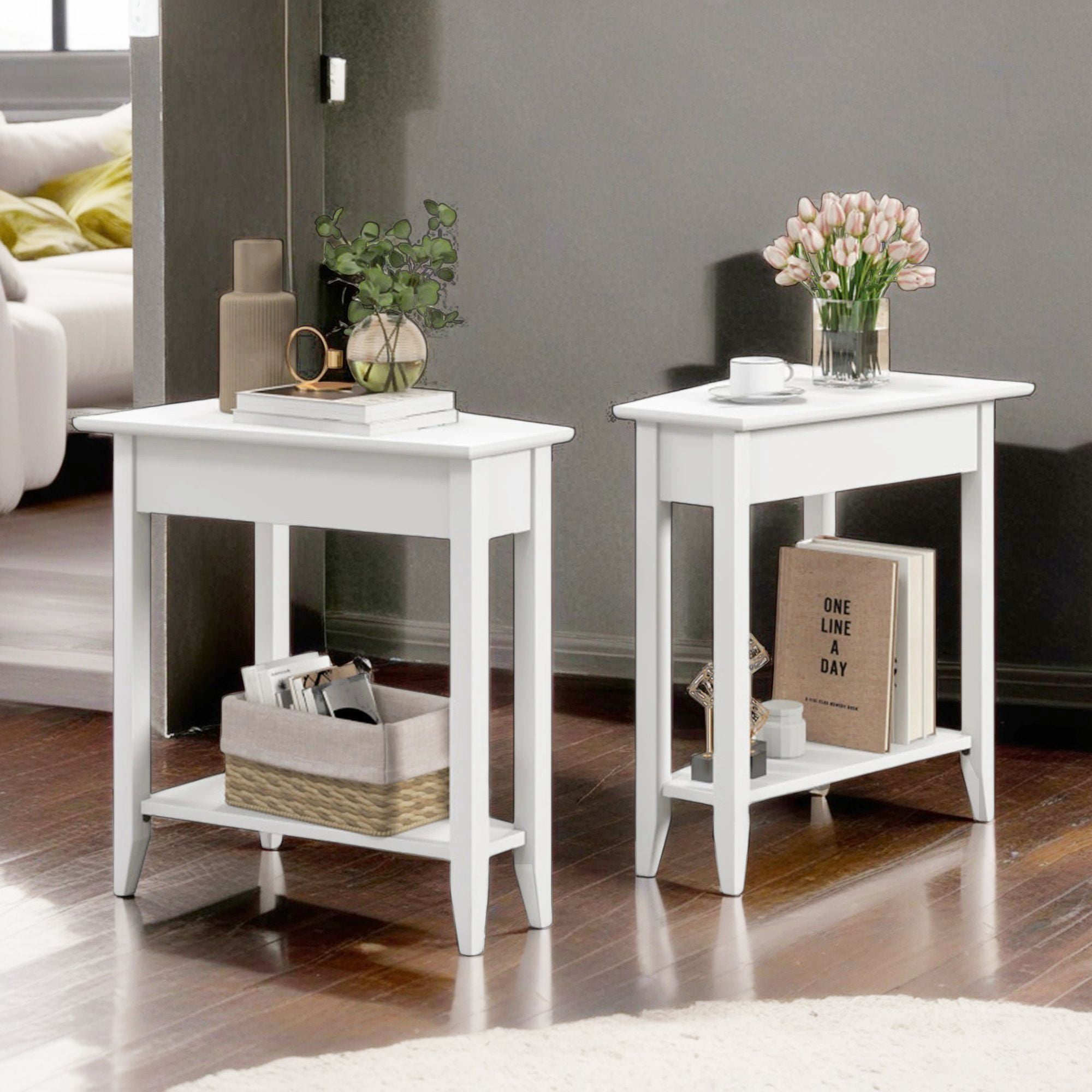 Demi Bonn 2-Tier Wedge Narrow End Table with Storage Shelf and Solid Wood Legs, Sofa Side Table, Bed Side Table, for Living Room, Bedroom, White
