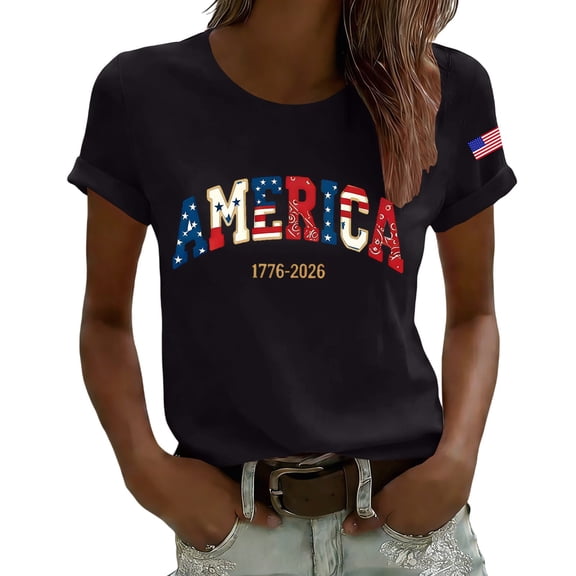 MEICHEN Women's Retro Statue of 250Th Anniversary Casual T Shirt Flag Patriotic Shirt Summer Fashion Clothing for Women