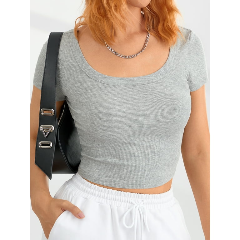 Sunisery Women's Summer Crop Tops Short Sleeve Scoop Neck Solid Color Slim  Fit Ribbed T-Shirts 90s E Girl Tops Streetwear Grey S 