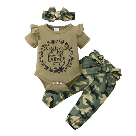 

Kucnuzki 3 Months Baby Girl Summer Outfits Pants Sets 6 Months Short Sleeve Florish Font Prints Romper Elastic Stylish Camou Pants Headband 3PCS Set Green