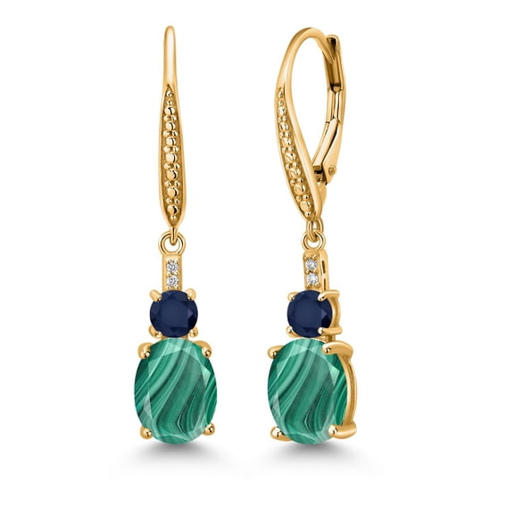 Gem Stone King 18K Yellow Gold Plated Silver Green Malachite and Blue Sapphire Dangle Earrings for Women with Lab Grown Diamond (5.73 Cttw, Oval 9X7MM)