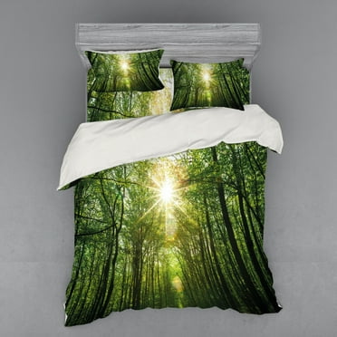 Forest Duvet Cover Set, Summer Trees Upward View with Sunrays Leaking from Branches Nature Image, Bedding Set with Shams and Fitted Sheet, 3 Sizes, by Ambesonne