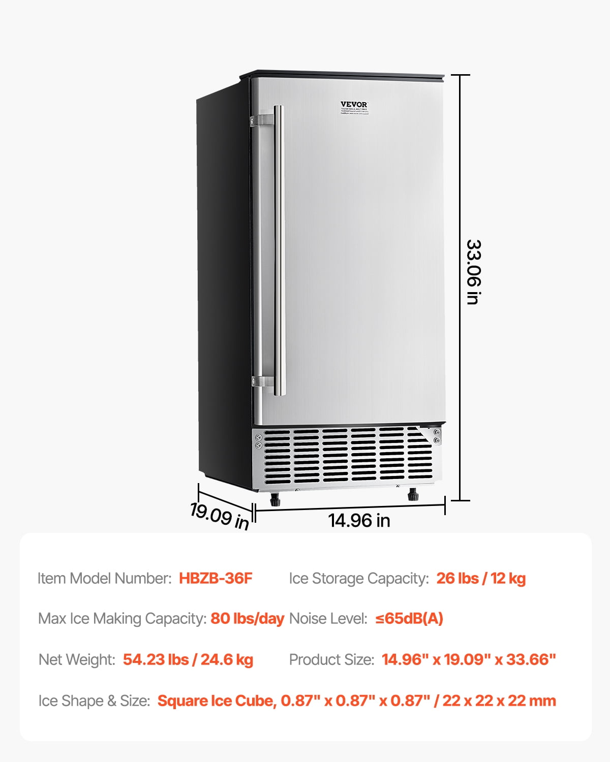 KFFKFF Inbuilt Ice Producer, 80 Lbs/Day Sub-Counter Ice Creation Device with Interchangeable Door Stainless Steel, Standalone Ice Generator for Domestic Commercial Kitchen, Electric Drainage