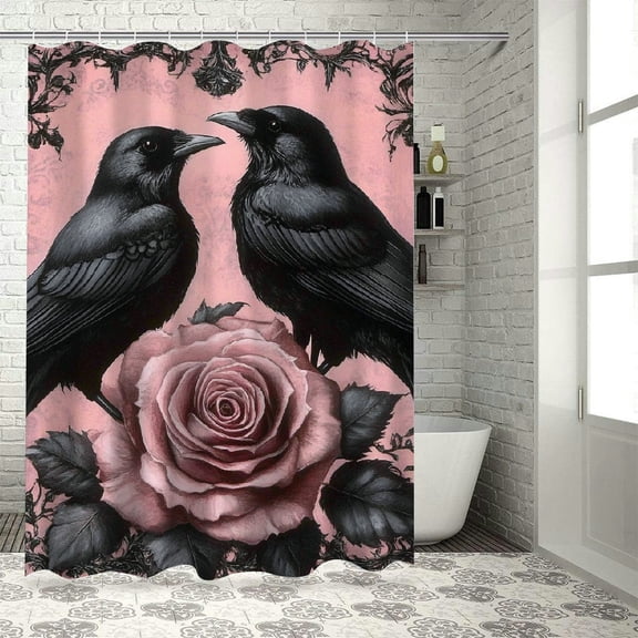 Patifu Black Birds Pink Rose Gothic Art Shower Curtain Set with Hooks 36"x72