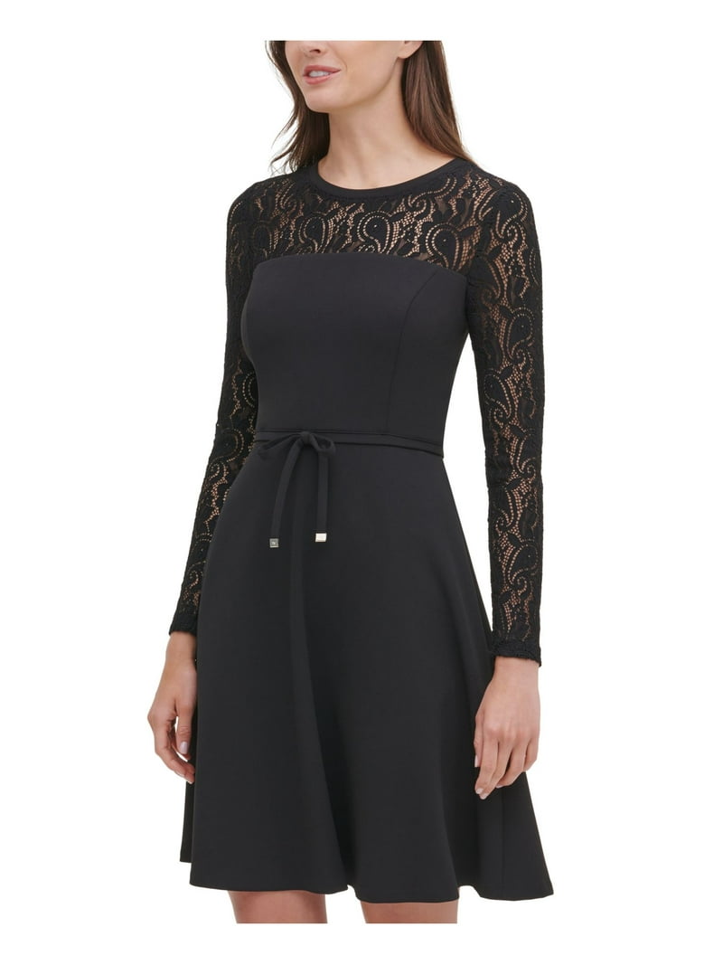 Tommy Hilfiger Women's Lace-Sleeve Fit & Flare Dress (2, Black)